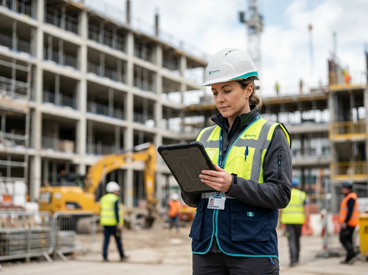 Imagen original generada de una responsable de obra con casco y tablet supervisando la ejecución